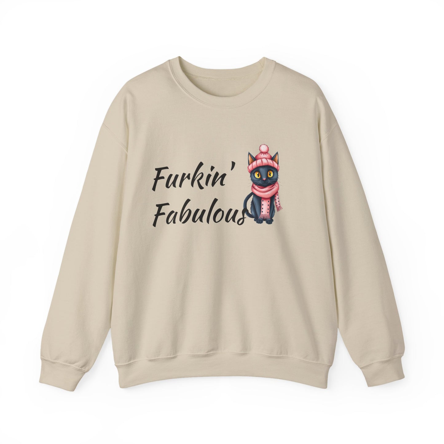 Crewneck Sweatshirt — "Furkin' Fabulous" Cute Black Cat in Pink Hat & Scarf