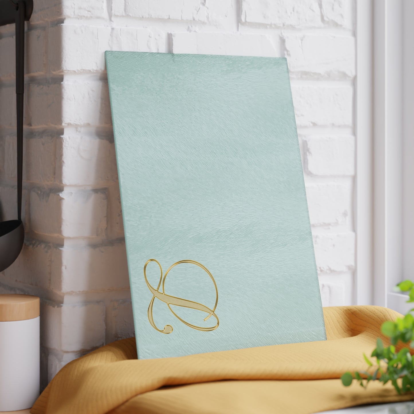 Monogram Glass Cutting Board – Mint with Gold Script 'L'