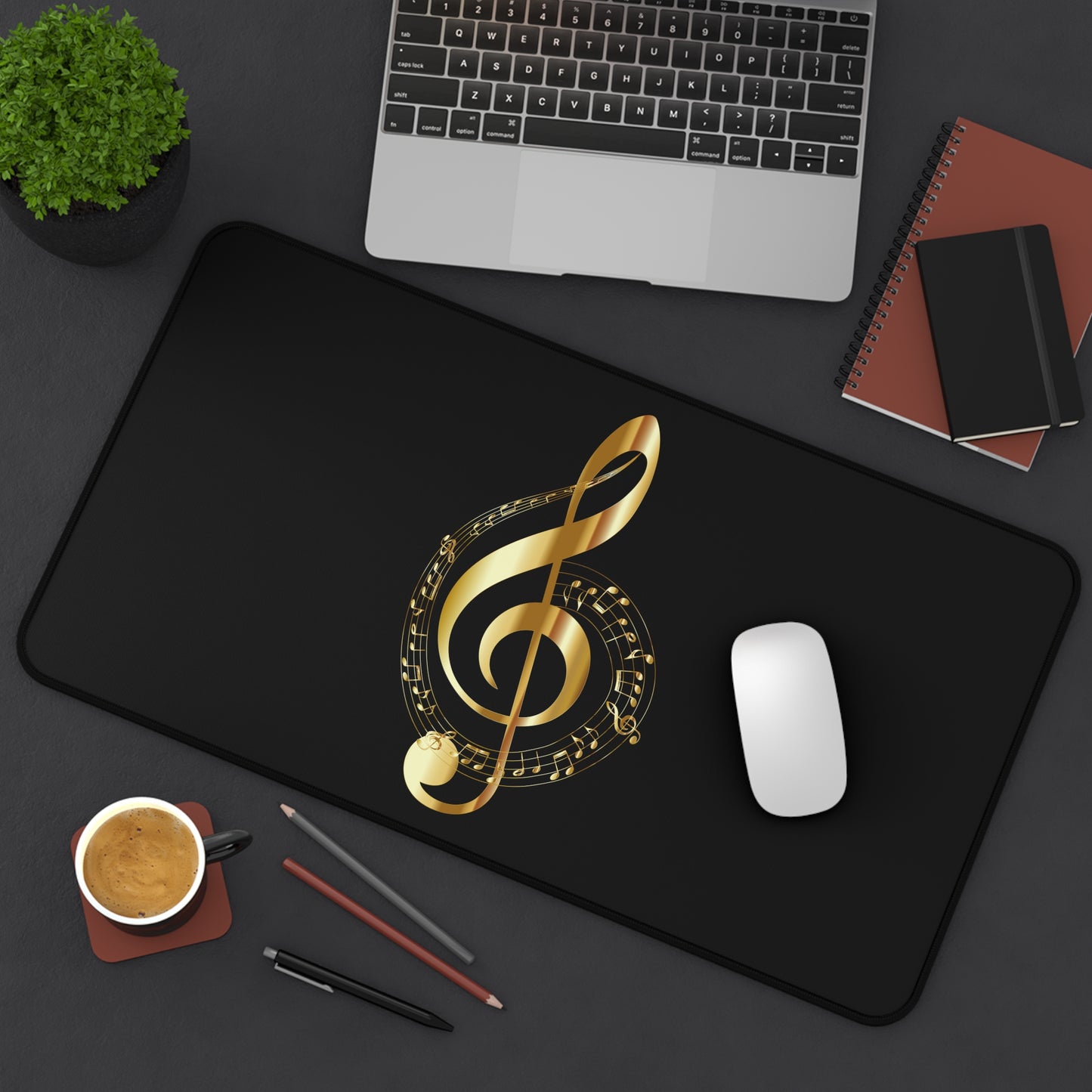Gold Treble Clef Desk Mat — Elegant Musician Mouse Pad