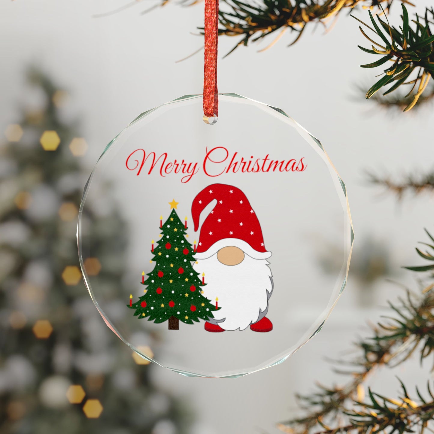 Crystal Glass Ornament — Merry Christmas Gnome with Christmas Tree Holiday Decoration