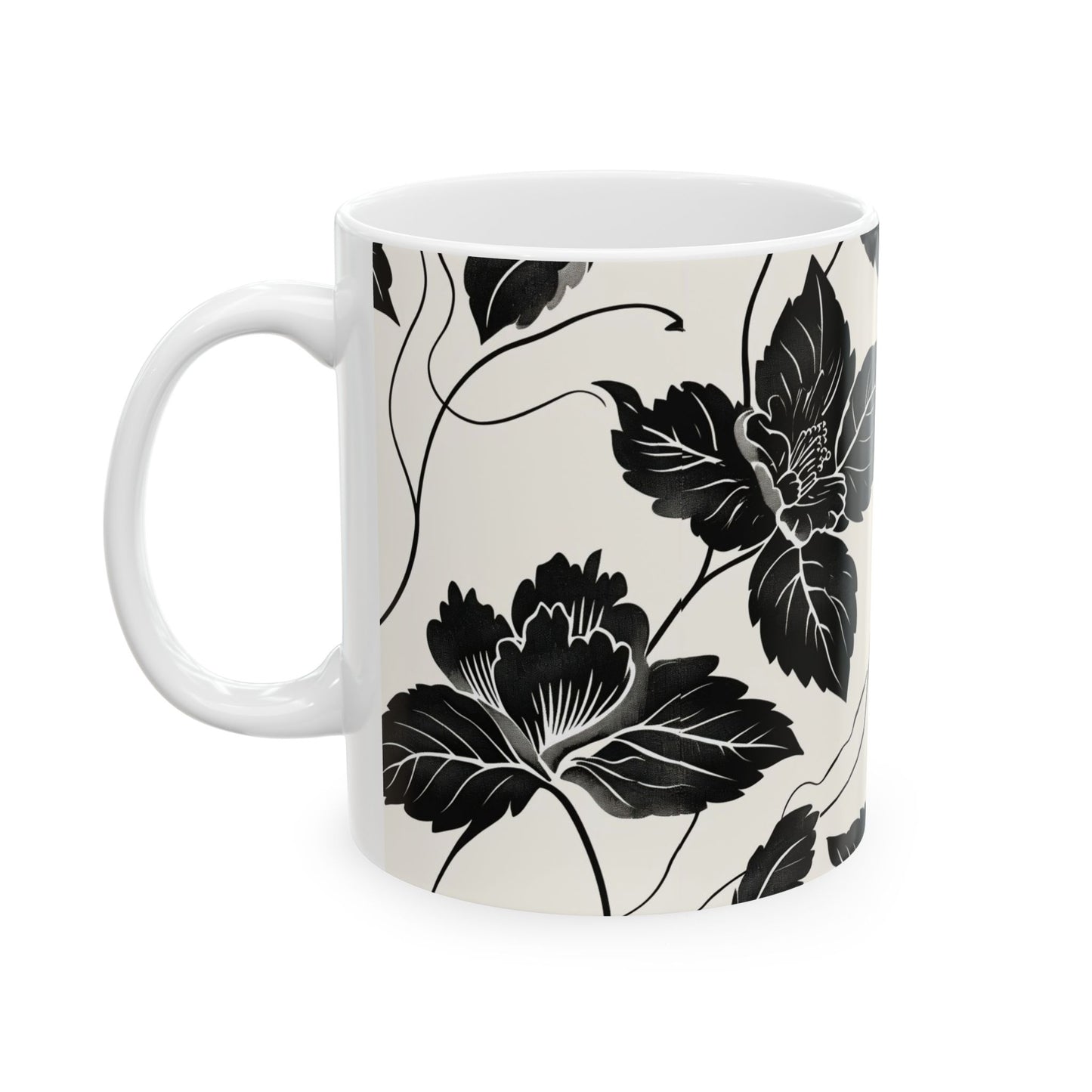 Black Floral Ceramic Mug — Monochrome Vintage Flower Coffee Cup (11oz & 15oz)