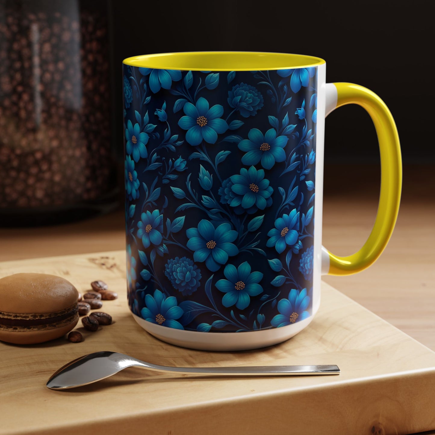 Floral Accent Coffee Mug, Blue Flower Mug, Ceramic Coffee Cup, Gift for Her, Nature-Themed Drinkware, Floral Home Decor, Unique Mug