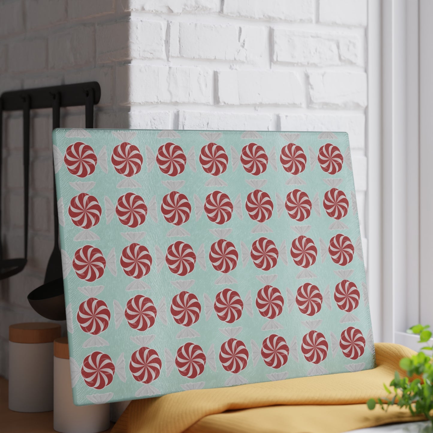 Peppermint Pattern Glass Cutting Board — Festive Candy Kitchen Board