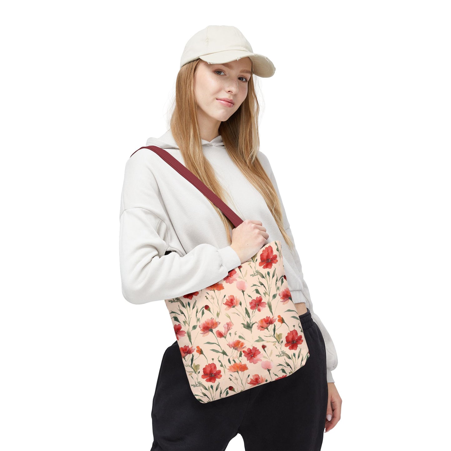 Floral Watercolor Tote Bag — Pink Red Poppy Pattern All-Over Print