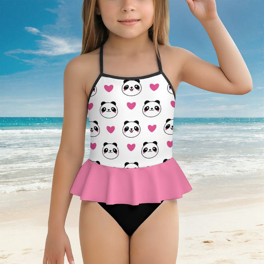 Girls One Piece Ruffle Strap Swimsuit Pink hearts and Panda