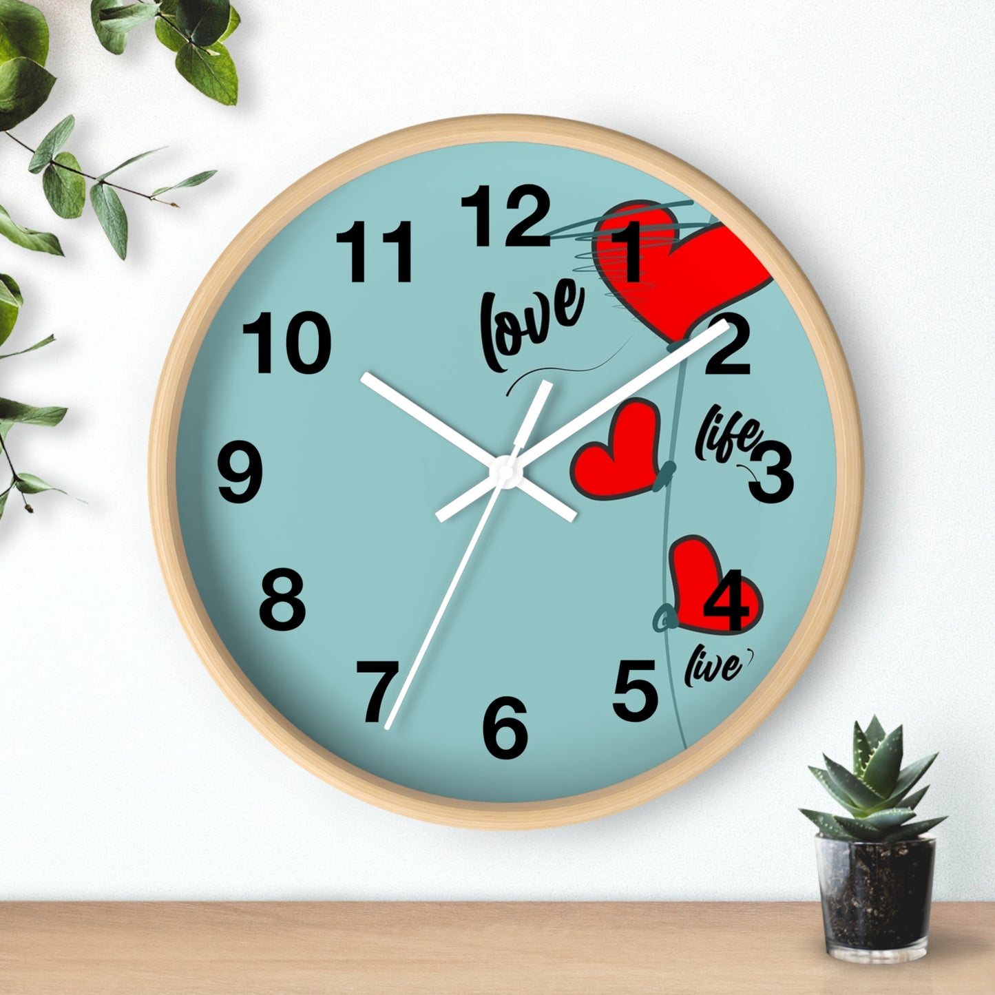 Love Hearts Wall Clock — Retro Teal Clock with Red Hearts & 'Love' Typography