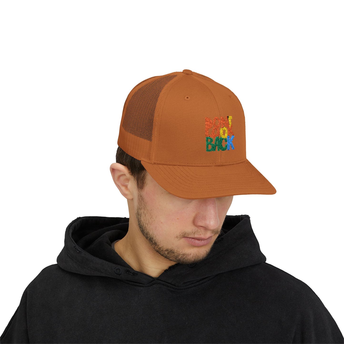 Don’t Look Back Snapback Trucker Cap — Retro Rainbow Embroidered Hat
