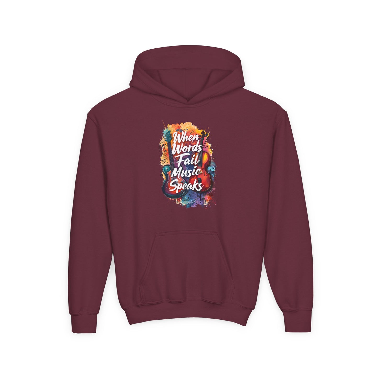 Youth Hoodie — "When Words Fail Music Speaks" Colorful Watercolor Design
