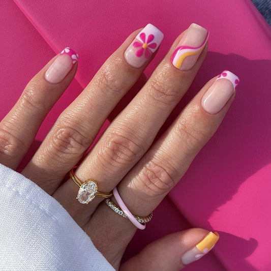 press on nails pads wholesale powder yellow edge French flower wave nails patch wholesale nails pads finished product