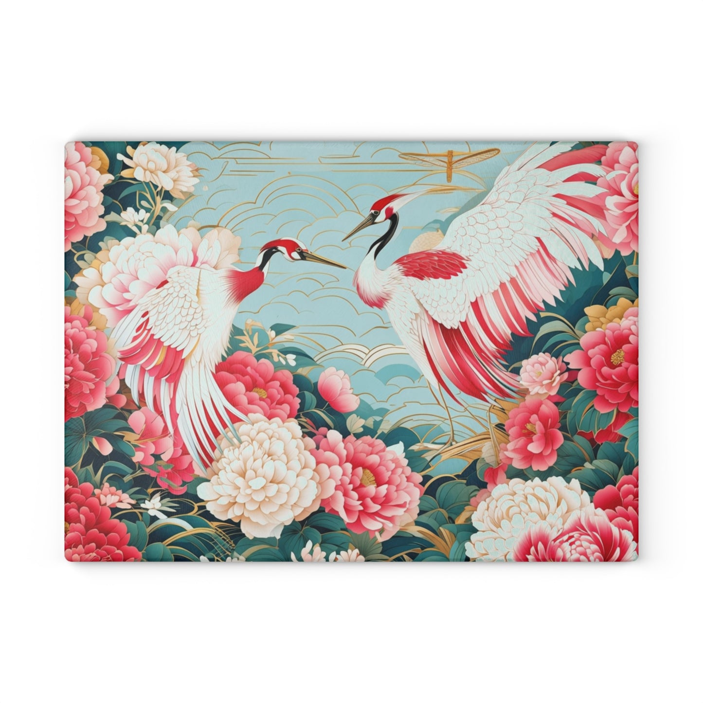 Glass Cutting Board — Elegant Cranes & Peonies Floral Kitchen Trivet
