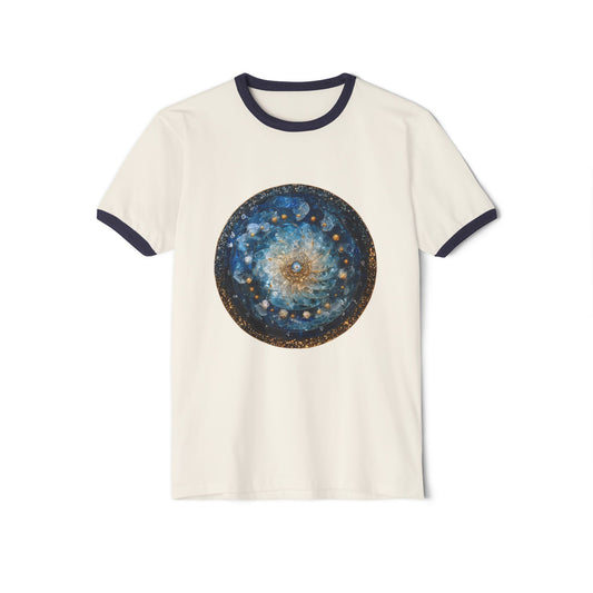Celestial Mandala Ringer T‑Shirt — Blue Galaxy Circle Art