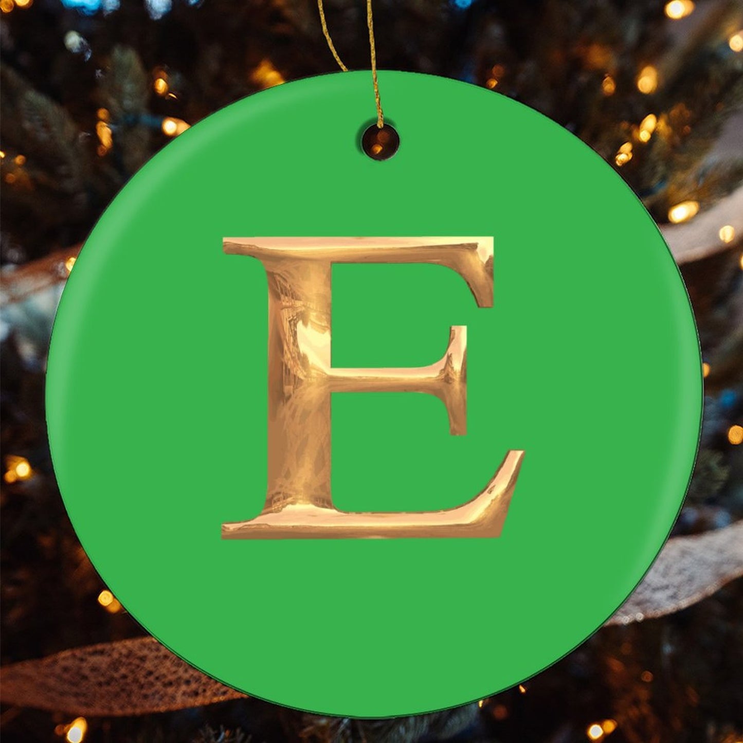 Round Christmas Ceramic Ornament (Glossy Surface) - Letter E