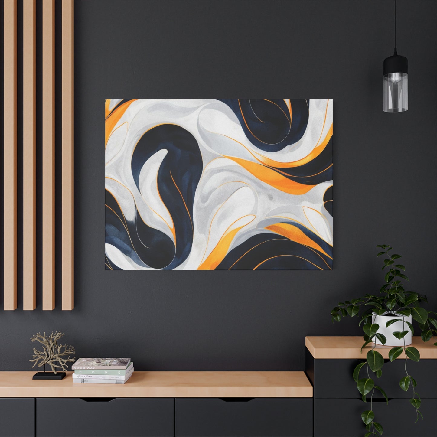 Abstract Fluid Art Matte Canvas Print — Navy, Gold & White Stretched Wall Art
