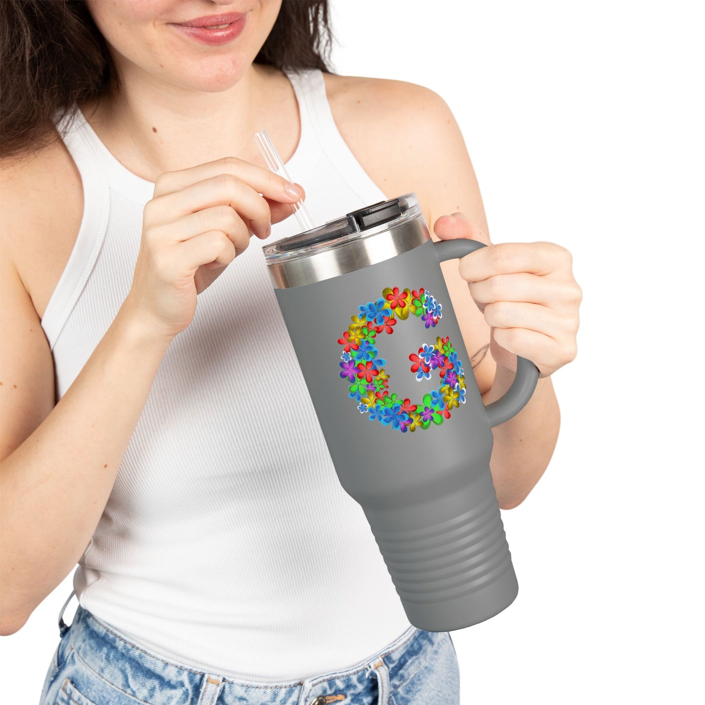 Vibrant Floral Insulated Travel Mug, Perfect for On-the-Go- Letter G