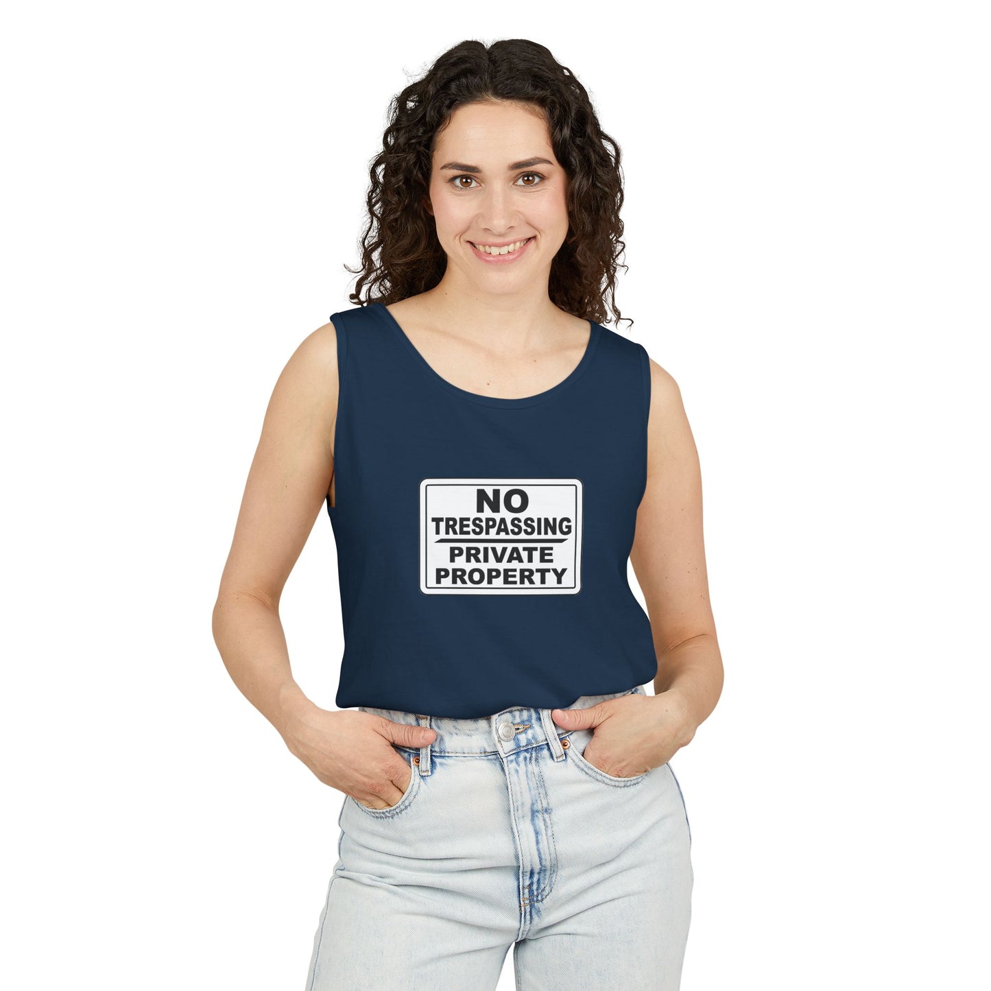 No Trespassing Garment-Dyed Tank Top | Unisex Summer Wear, Beach Vacation Shirt, Outdoor Adventure Top, Gift for Nature Lovers