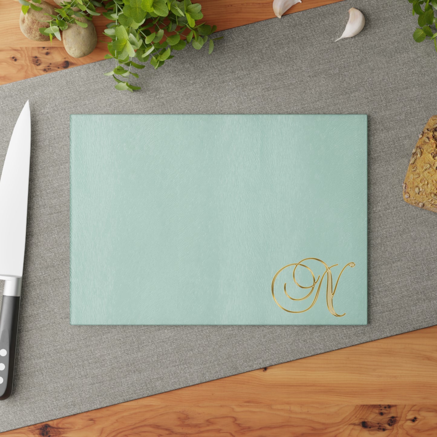 Monogram Glass Cutting Board — Mint or Clear Tempered Glass with Gold Script "N"