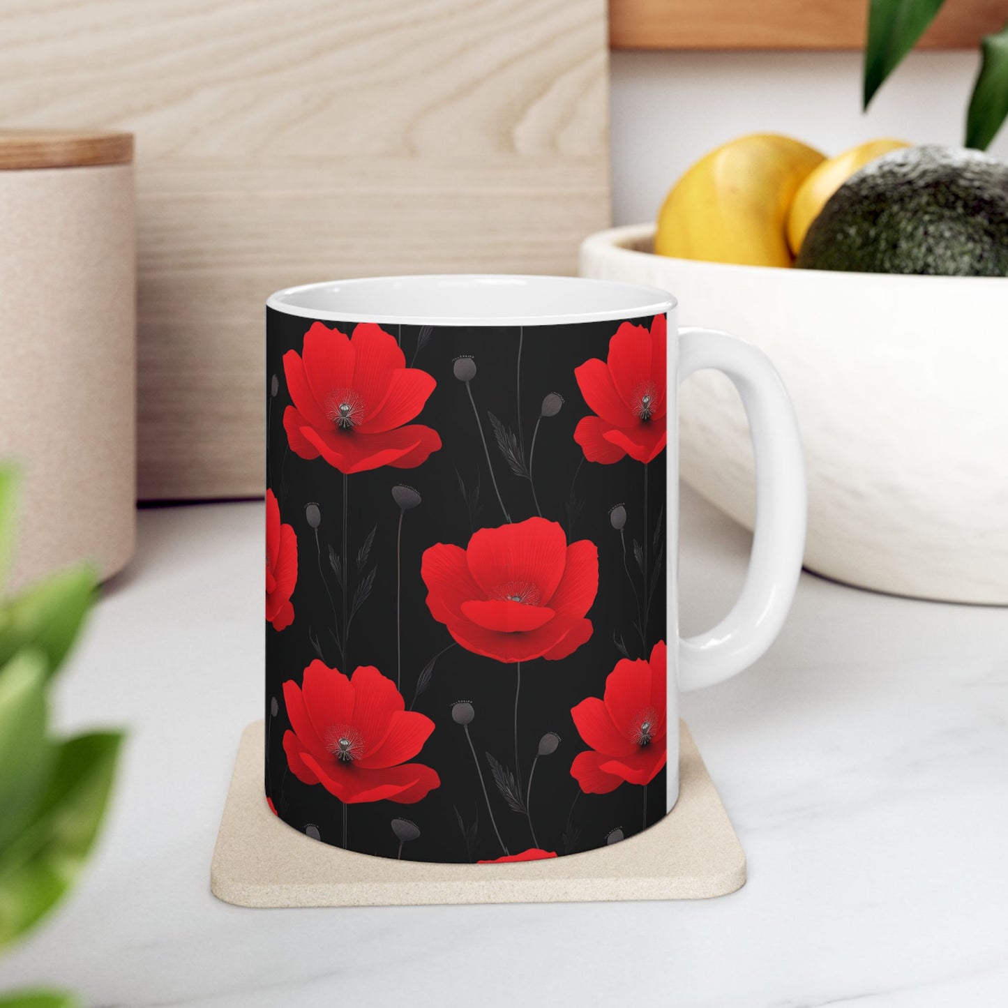 Red Poppy Floral Mug — Black Background Ceramic Coffee Cup (11oz, 15oz)