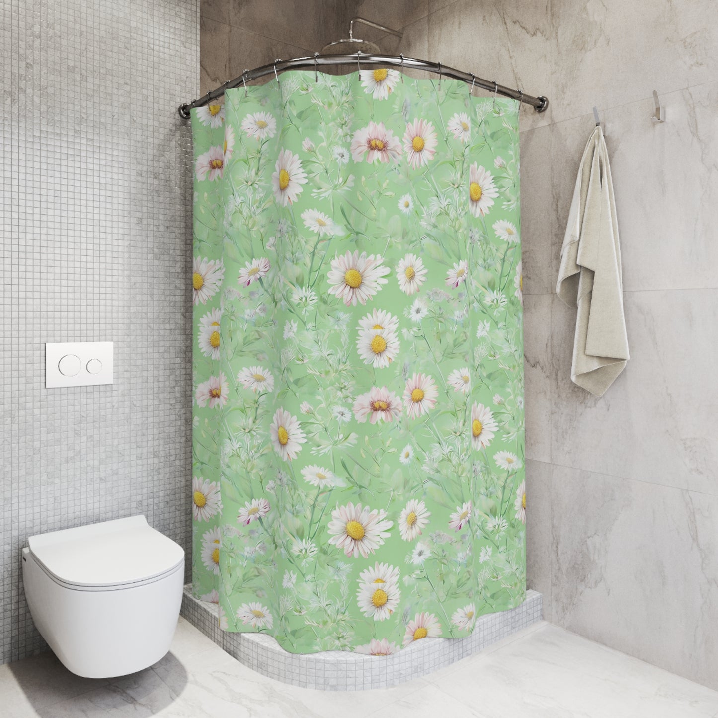 Daisy Meadow Shower Curtain — Pastel Green Floral Bath Curtain