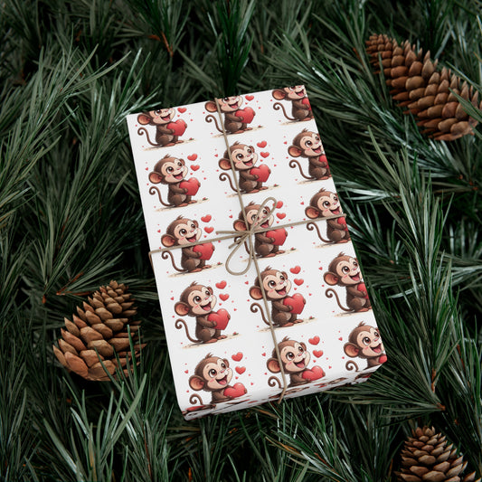 Cute Monkey Valentine's Gift Wrap Paper, Festive Wrapping Paper for Kids, Holiday Gift Wrap, Birthday Wrap, Monkey Love Print