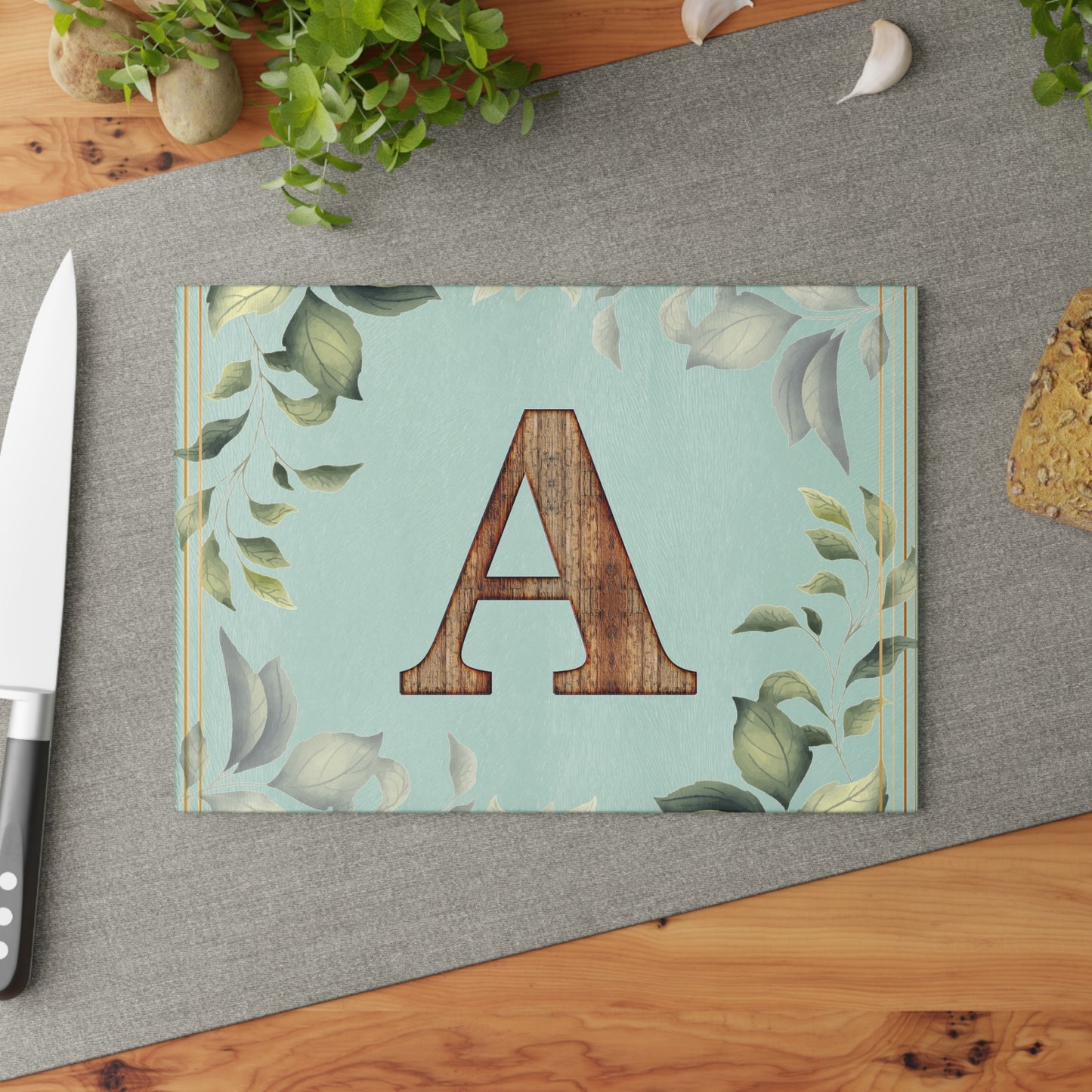 Monogram Glass Cutting Board – Rustic Wood Letter A with Botanical Leaves (Personalized Kitchen Gift)