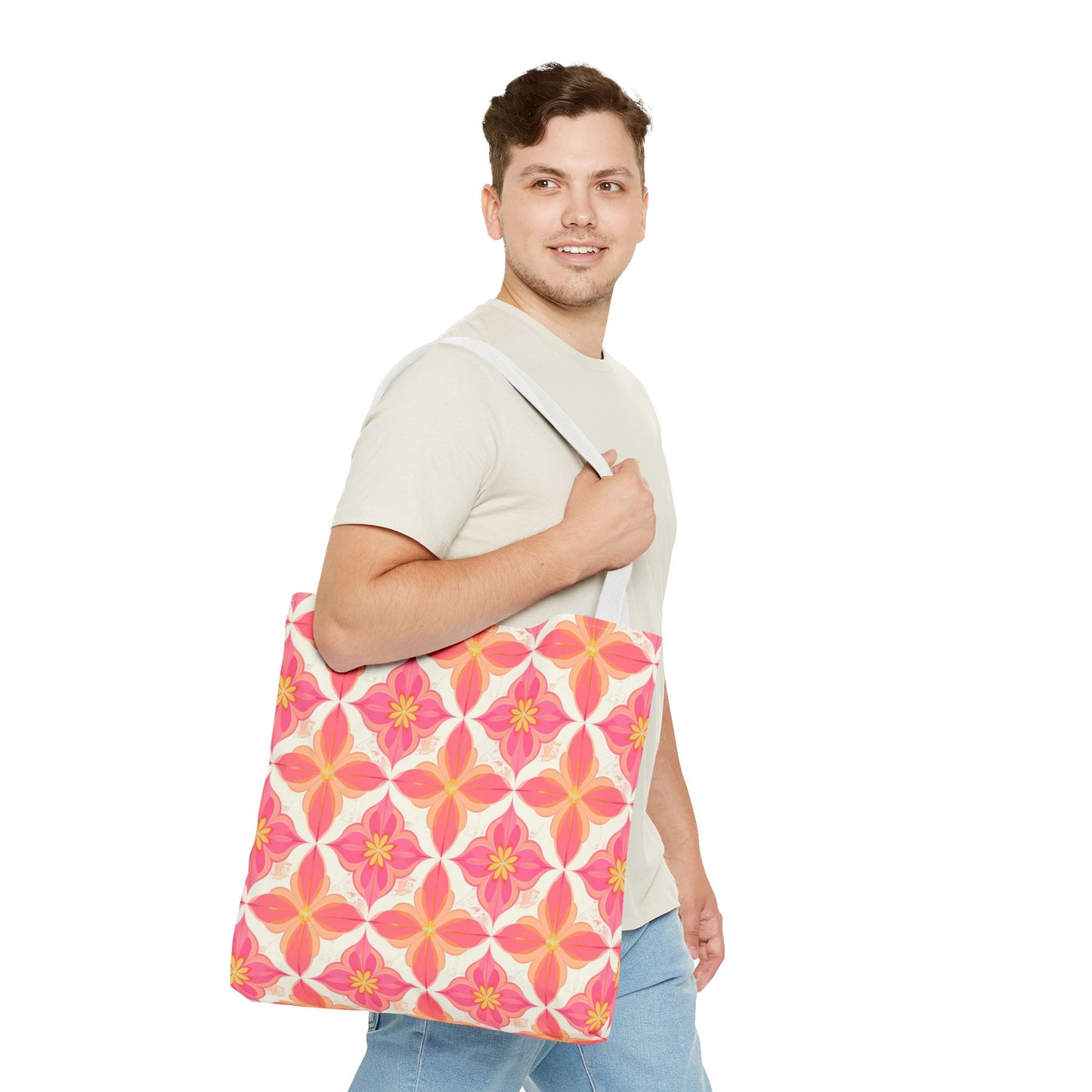 Pink Floral Geometric Tote Bag — All-Over Print Reusable Shopper