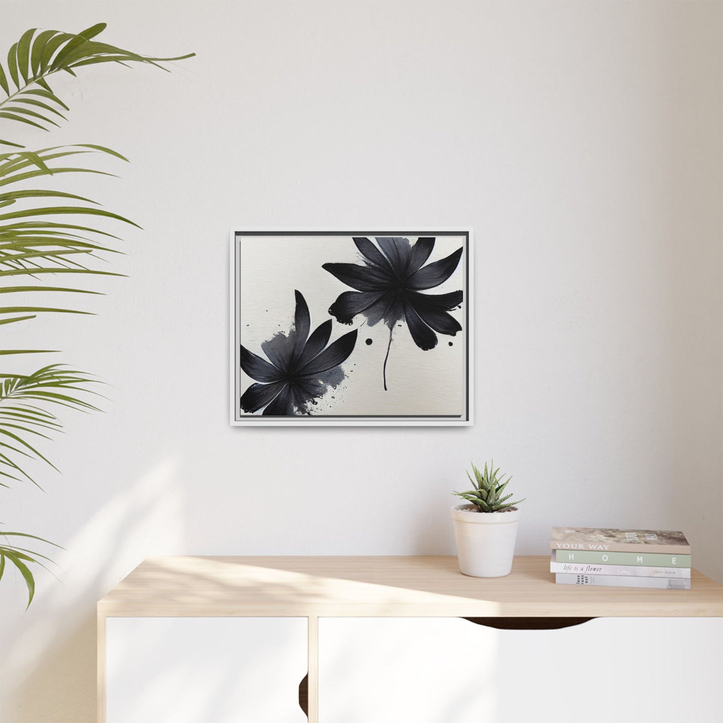 Framed Black Floral Matte Canvas Wall Art — Monochrome Botanical Print