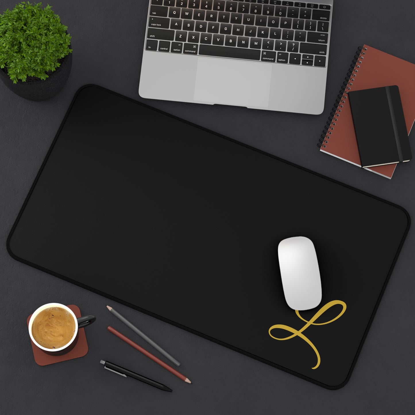 Elegant Monogram Desk Mat — Black Desk Pad with Gold “L” Accent