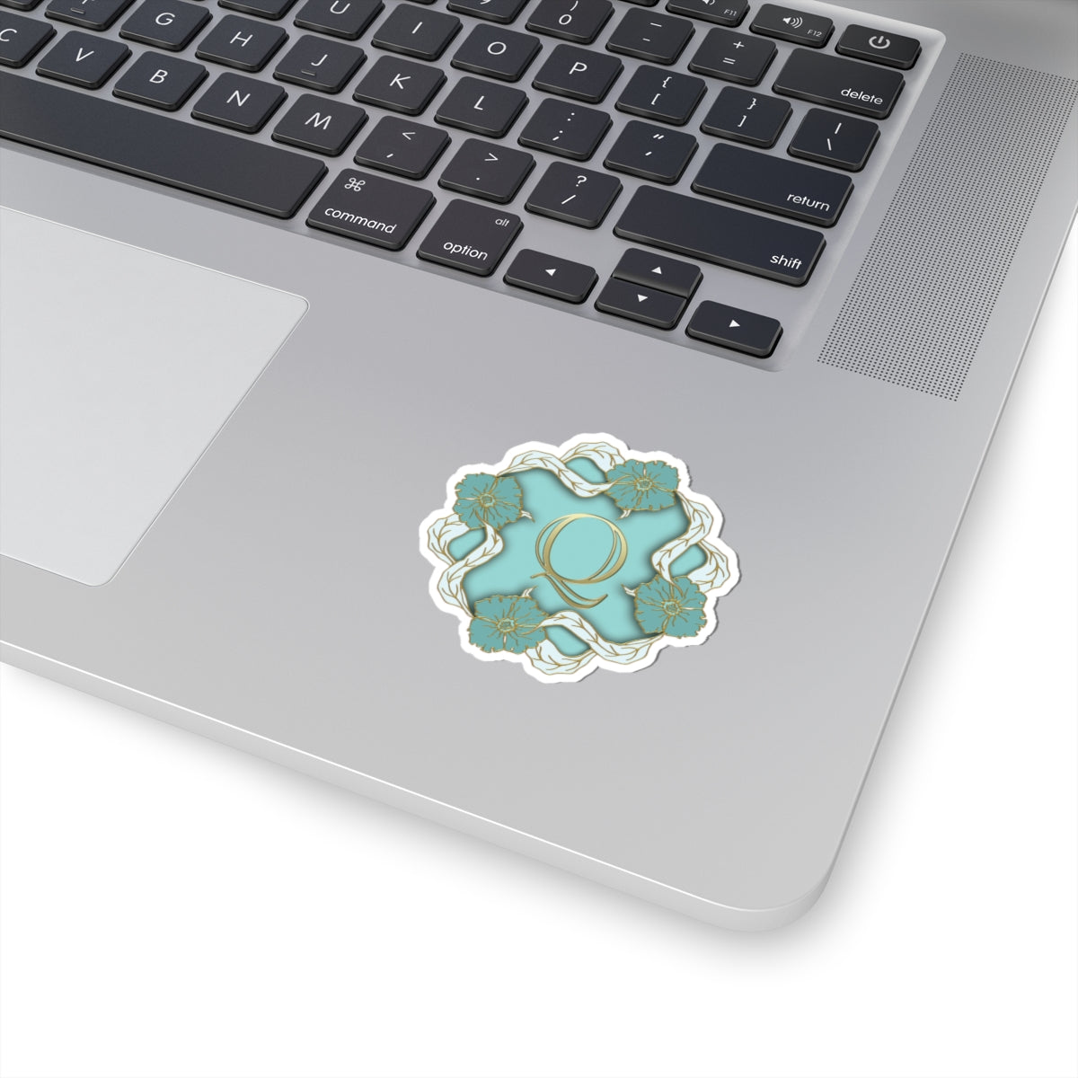 Monogram Q Floral Sticker — Gold Lettering on Teal Kiss-Cut Sticker
