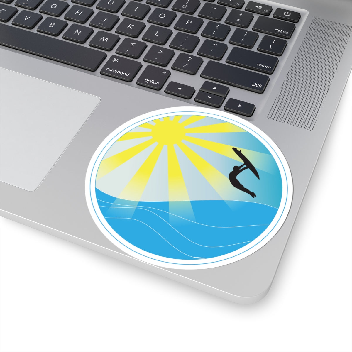 Surfer Sunset Kiss-Cut Sticker — Sun, Waves & Silhouette Vinyl Decal