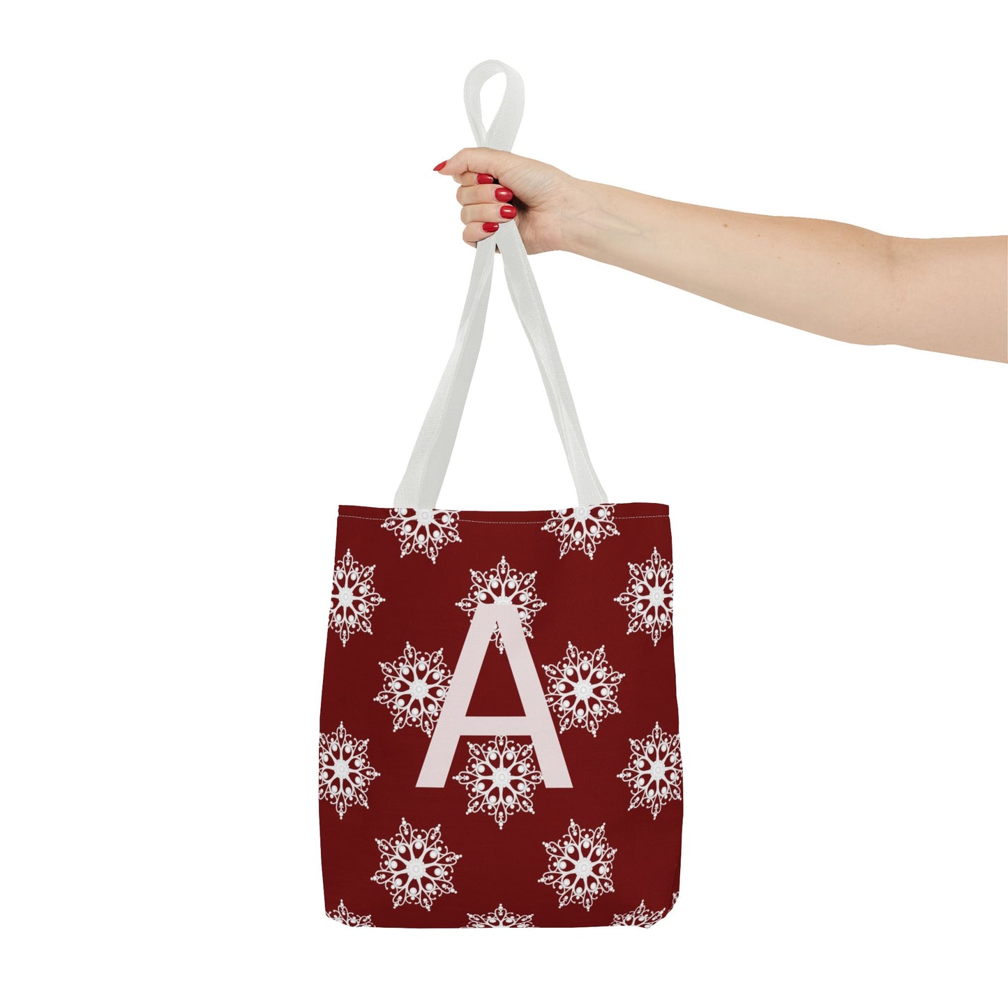 Monogram A Snowflake Tote Bag — Personalized Holiday AOP Tote