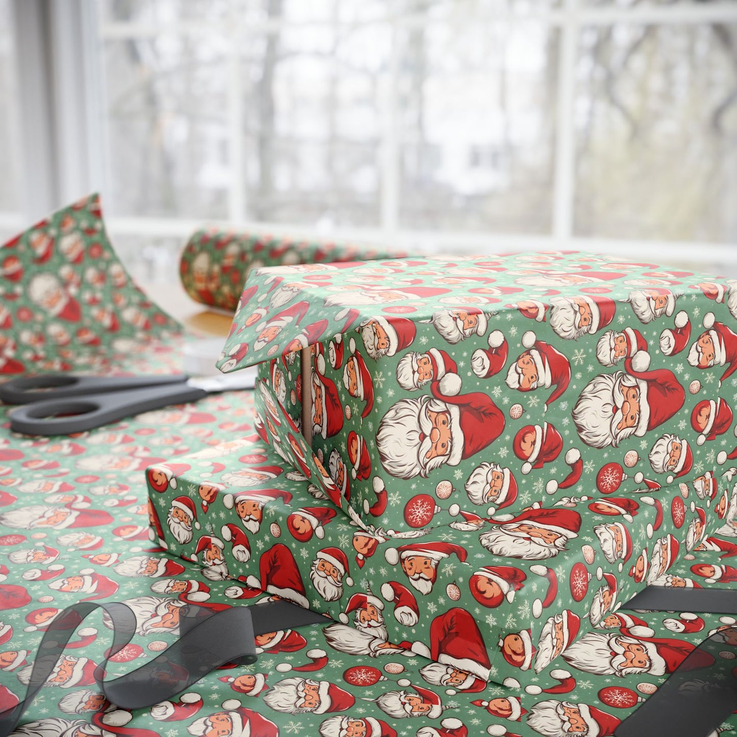 Christmas Santa Face Wrapping Paper Roll — Festive Green Holiday Gift Wrap