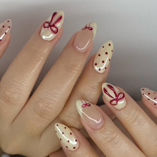 "Cream & Red Bow Polka" - Precision Crafted Press-On Nails