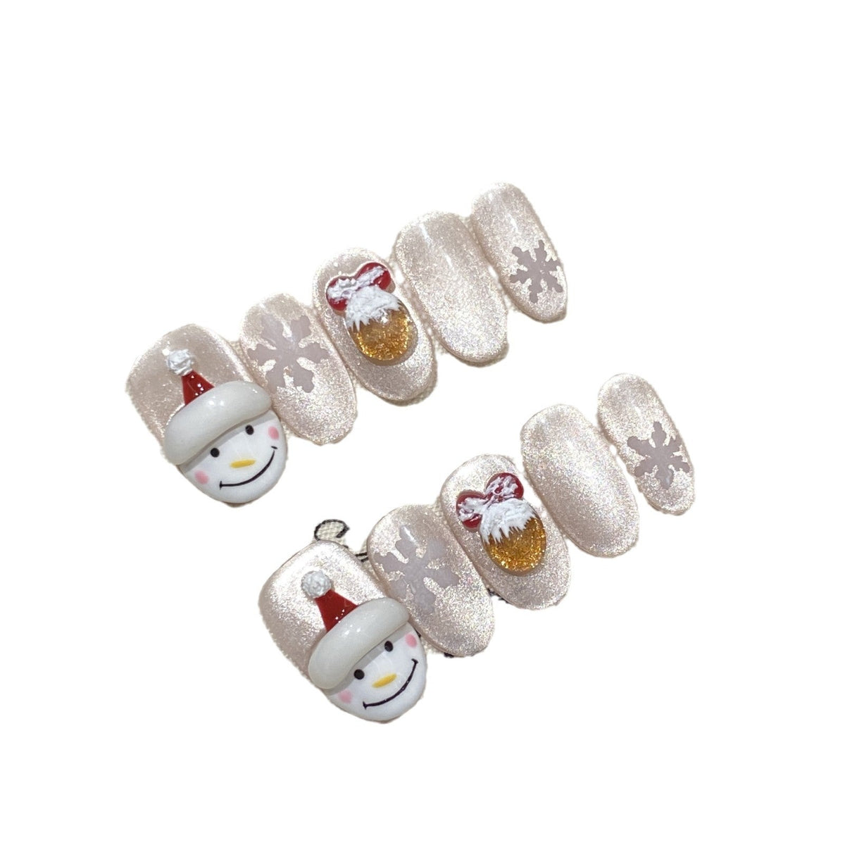 Snowman and Gold Bell Christmas Press‑On Nails – Snowflake Design – Image 4