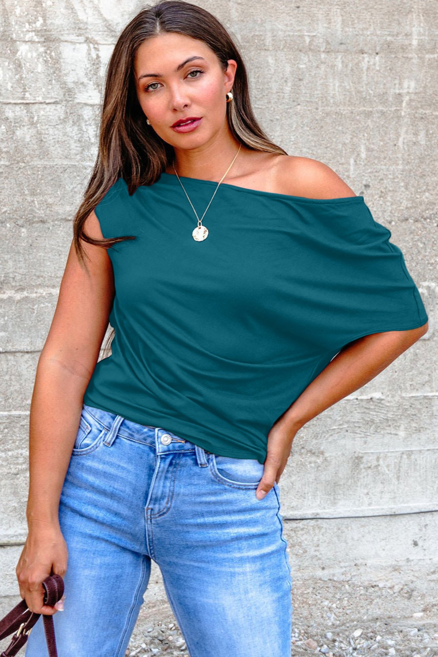 Blue Sapphire Plus Size Solid Color Asymmetric Neck Short Sleeve Blouse