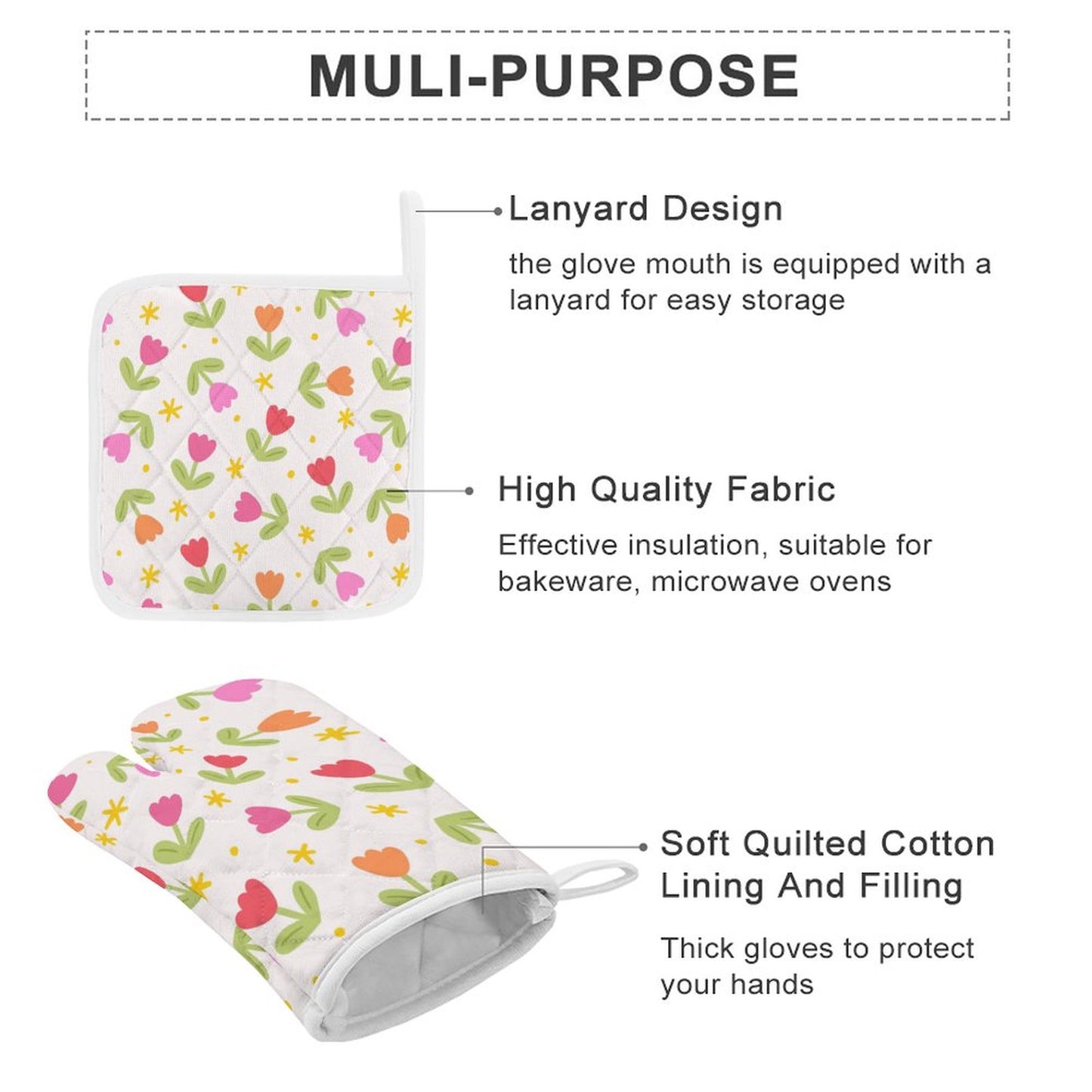 Oven Mitts & Pot Holder Set of 3 Tulips