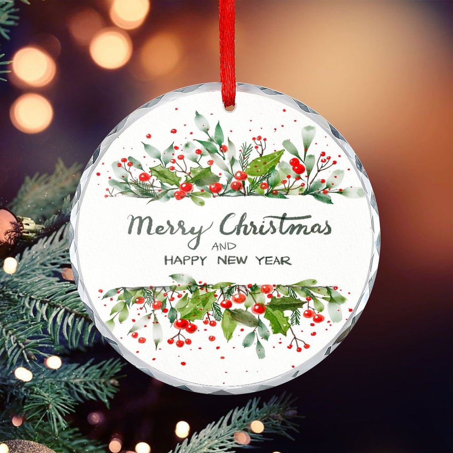 Glass Circular Ornament Pendant - Merry Christmas and a Happy New Year