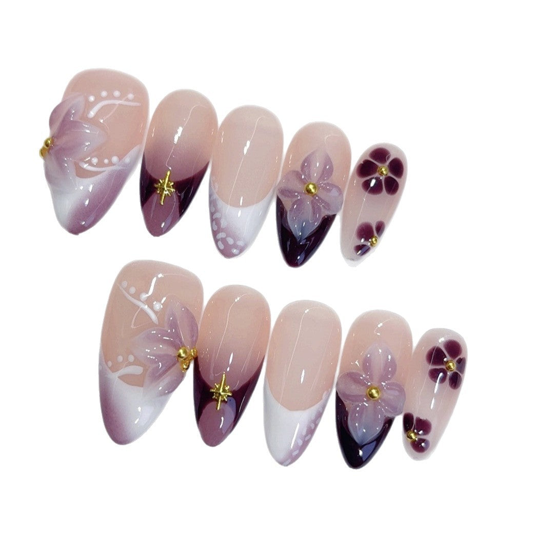 Plum Blossom Gradient: "Purple Floral" – Almond Press-On Nails – Image 5