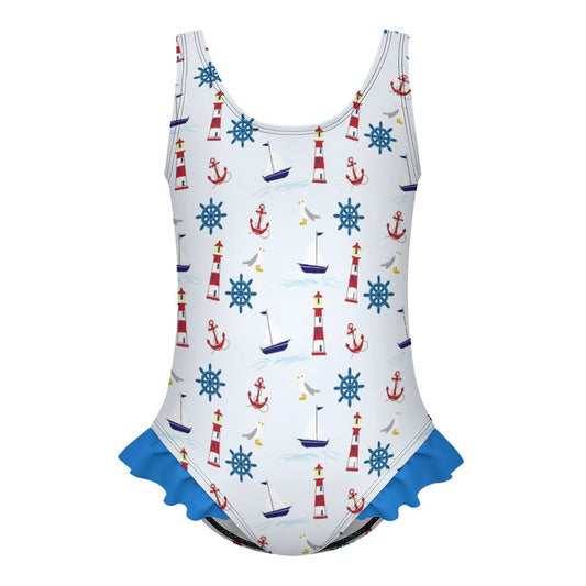 Girls Ruffle Trim One Piece Swimwear Marine