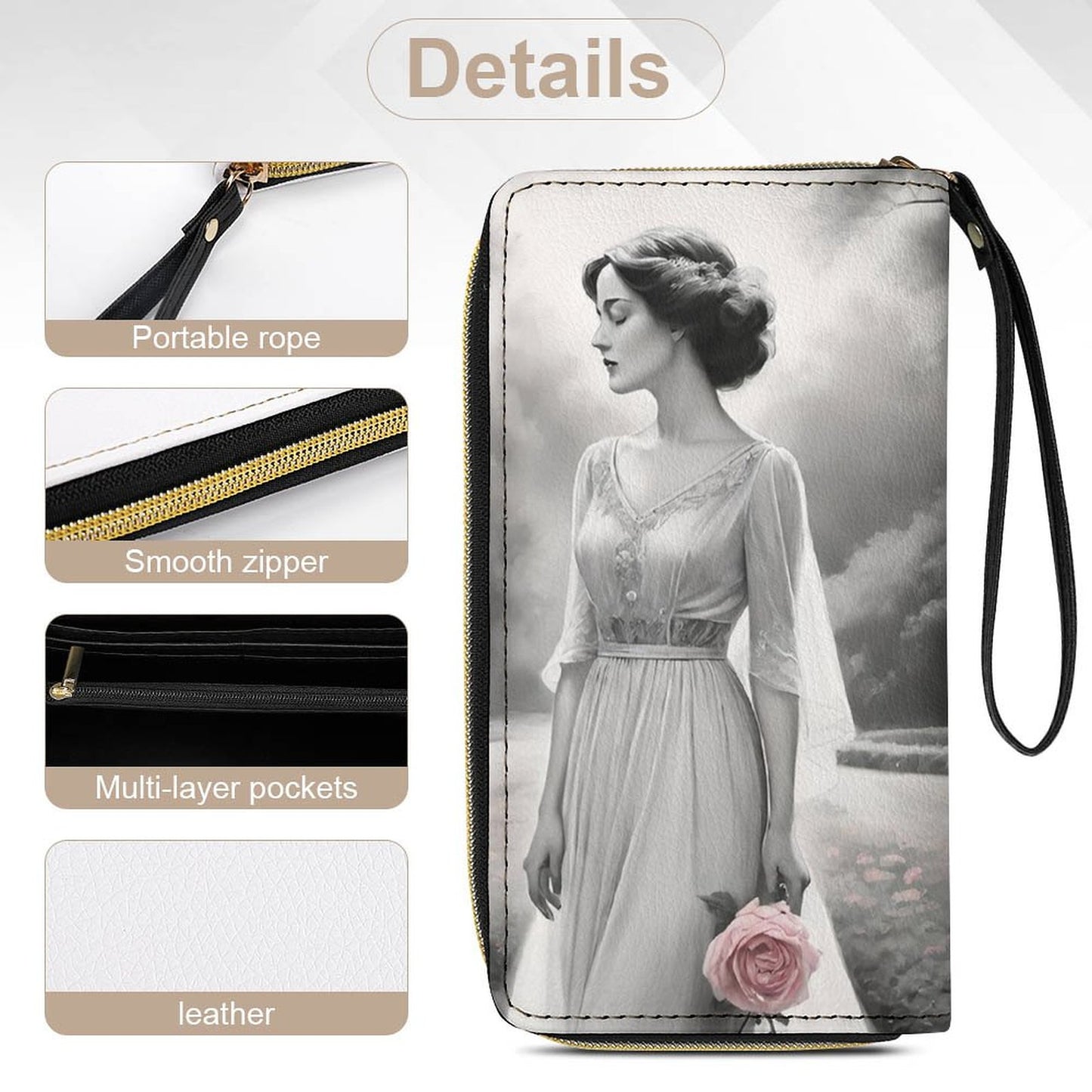 Leather Wallet with Wristlet Strap (2 Pictures on 2 Sides)