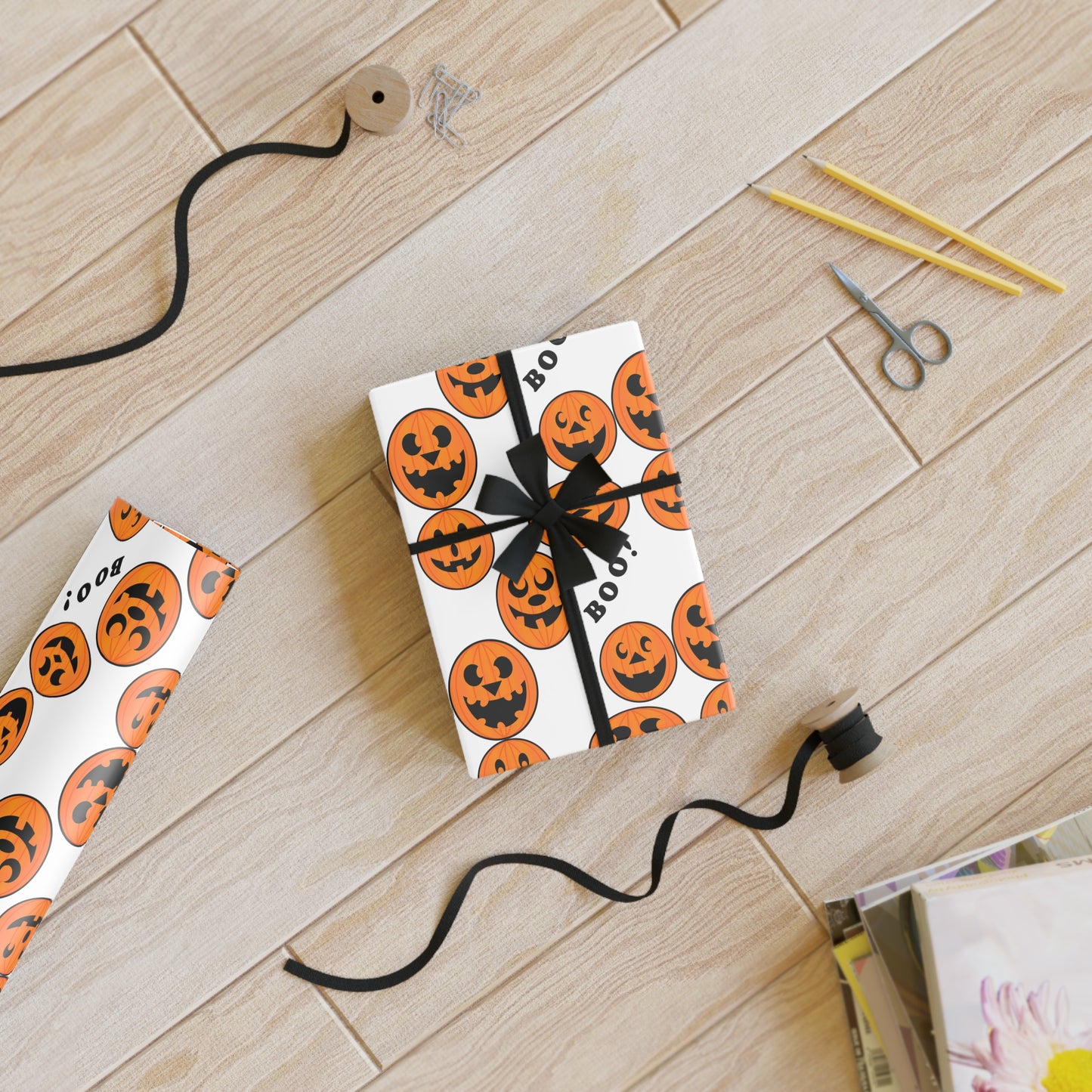 Halloween Gift Wrapping Paper Roll, Spooky Pumpkin Design for Kids, Boo! Pattern, Holiday Party Supplies, Trick or Treat Decor