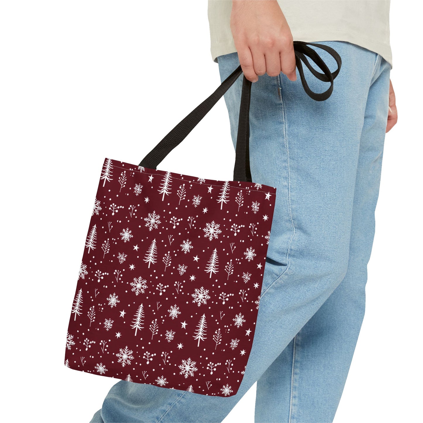 Christmas Snowflake Tote Bag – Burgundy Holiday Patterned Carryall