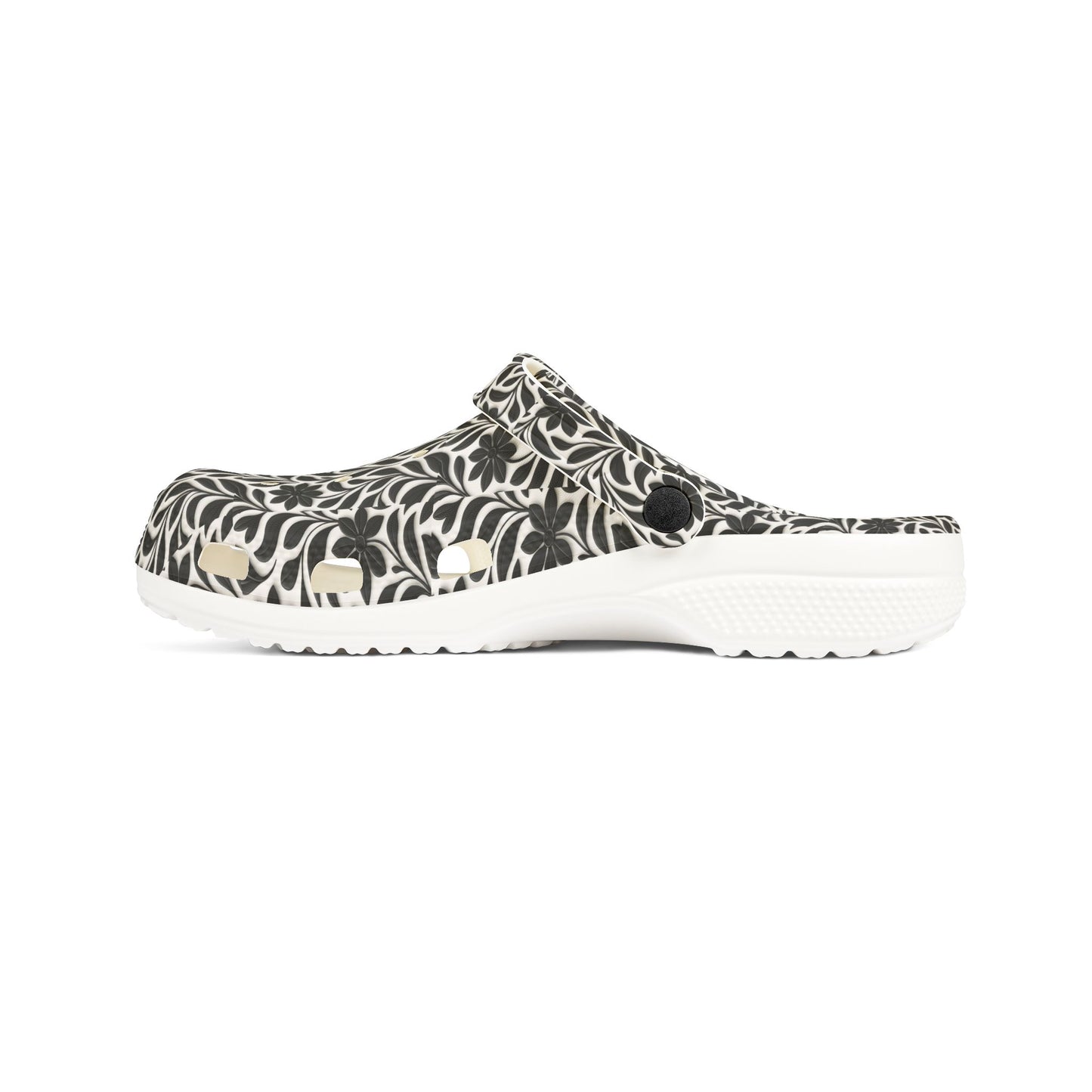 Floral EVA Foam Clogs — Lightweight Black & Cream Garden Pattern