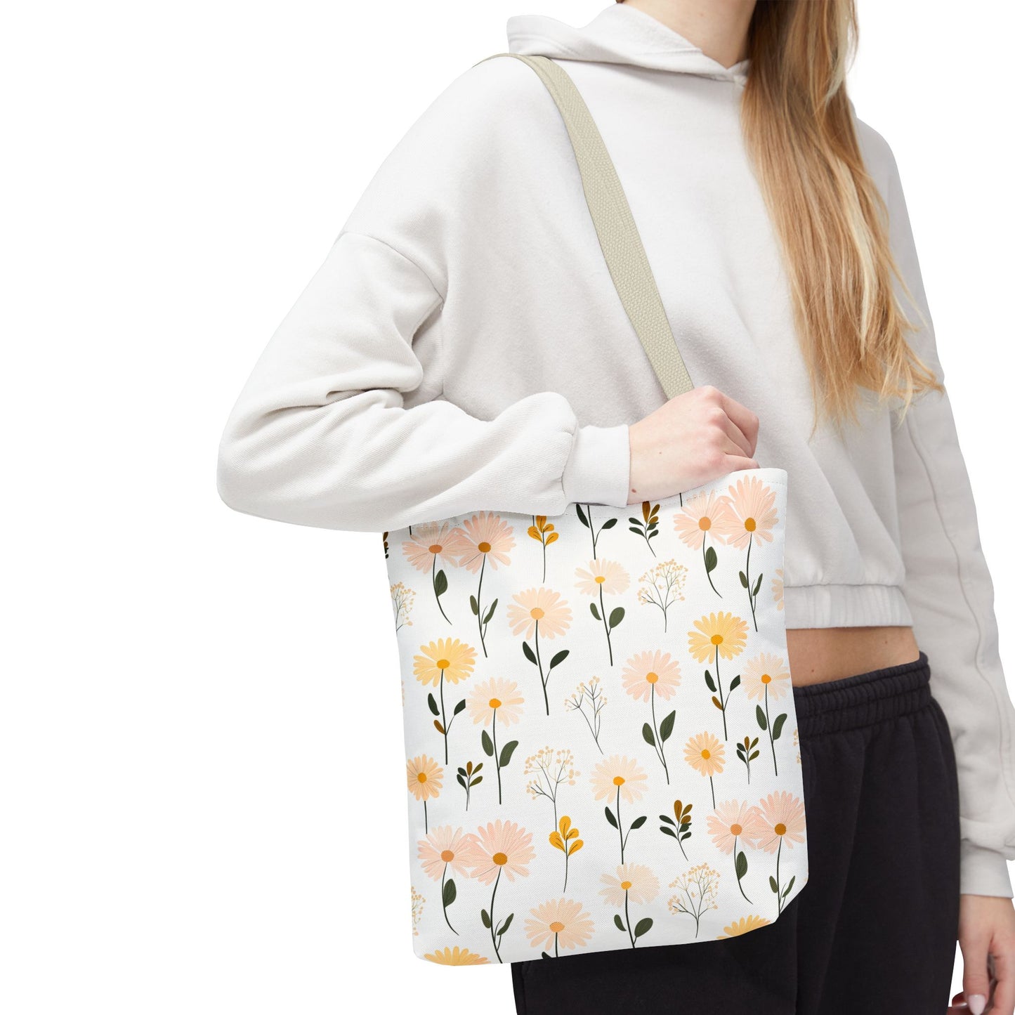 Floral Daisy Pattern Tote Bag — Pastel Spring Flowers All-Over Print