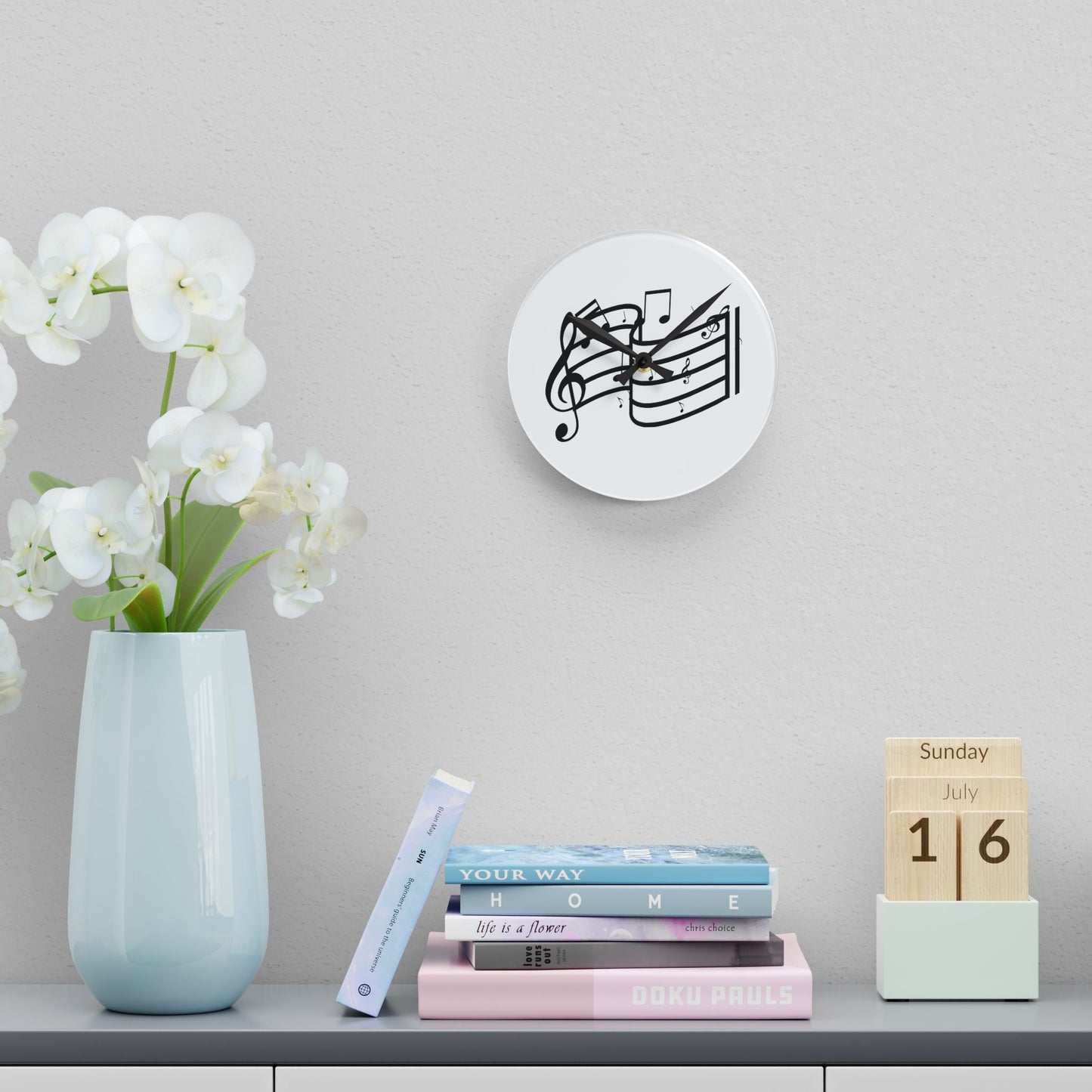 Musical Notes Acrylic Wall Clock — Black Treble Clef Design
