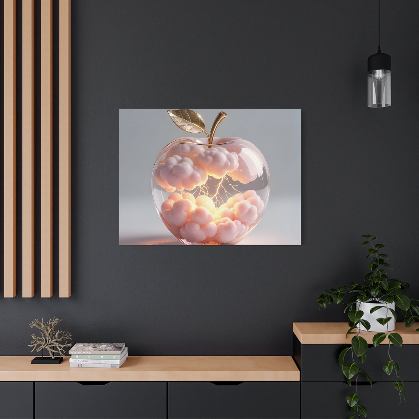 Surreal Glass Apple Canvas – Lightning & Pink Clouds Wall Art