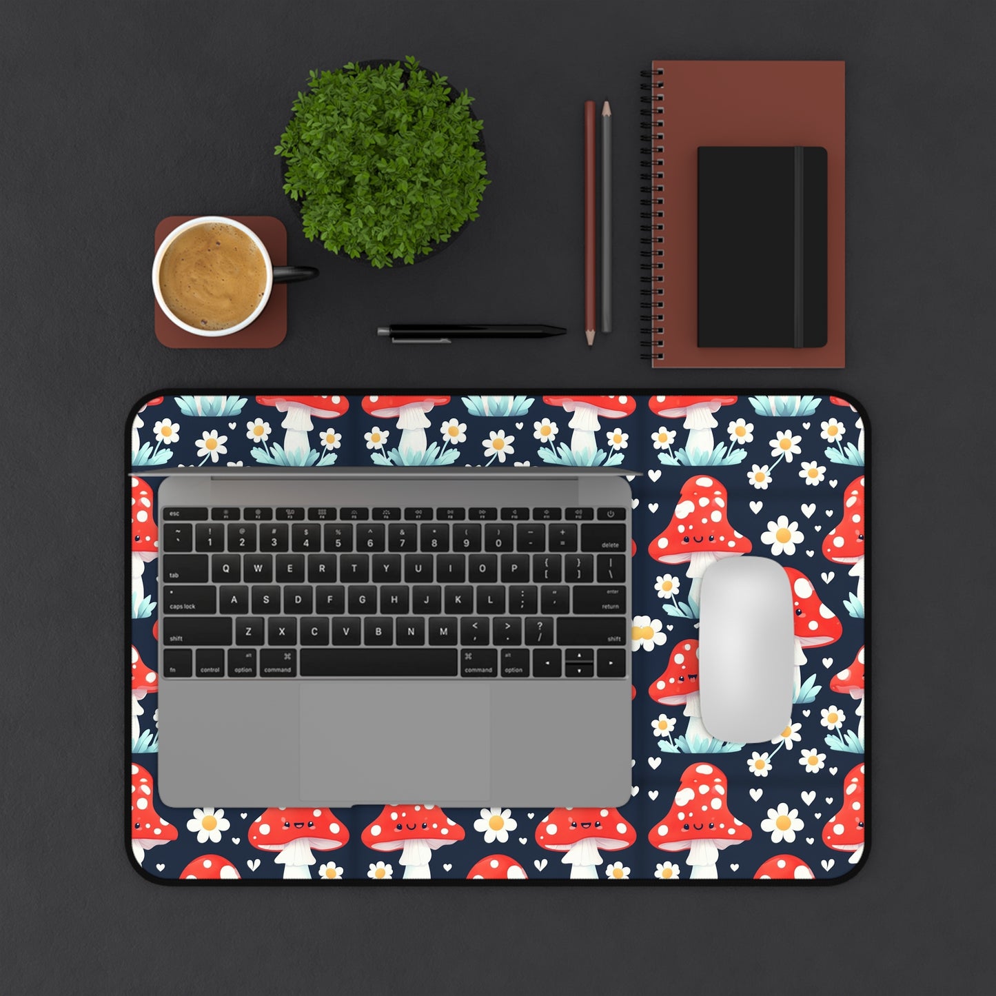 Mushroom & Daisies Desk Mat — Cute Red Toadstool Mousepad for Desk Decor