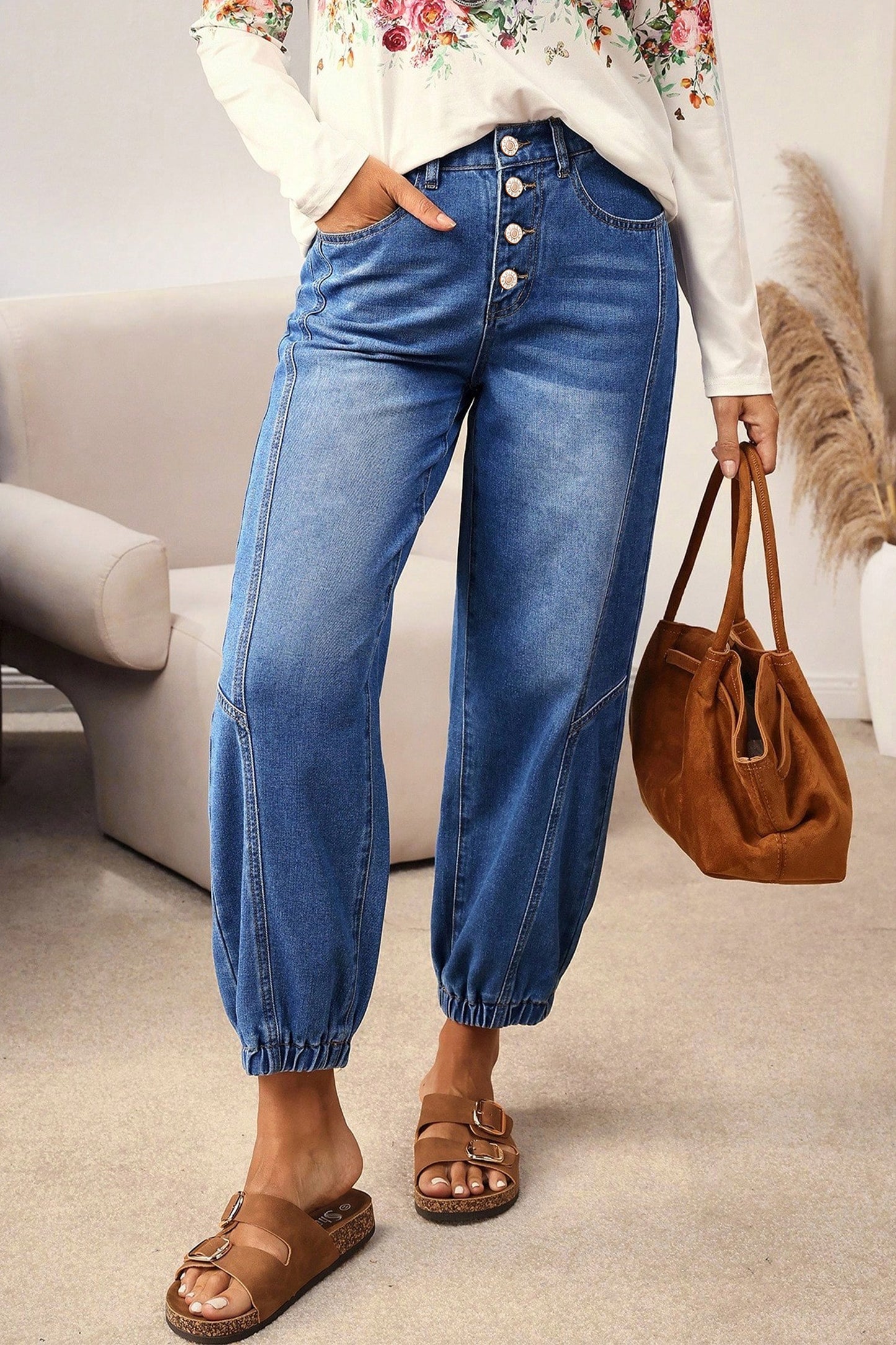 Blue 4 Buttons Front Tapered Casual Loose Fit Jeans