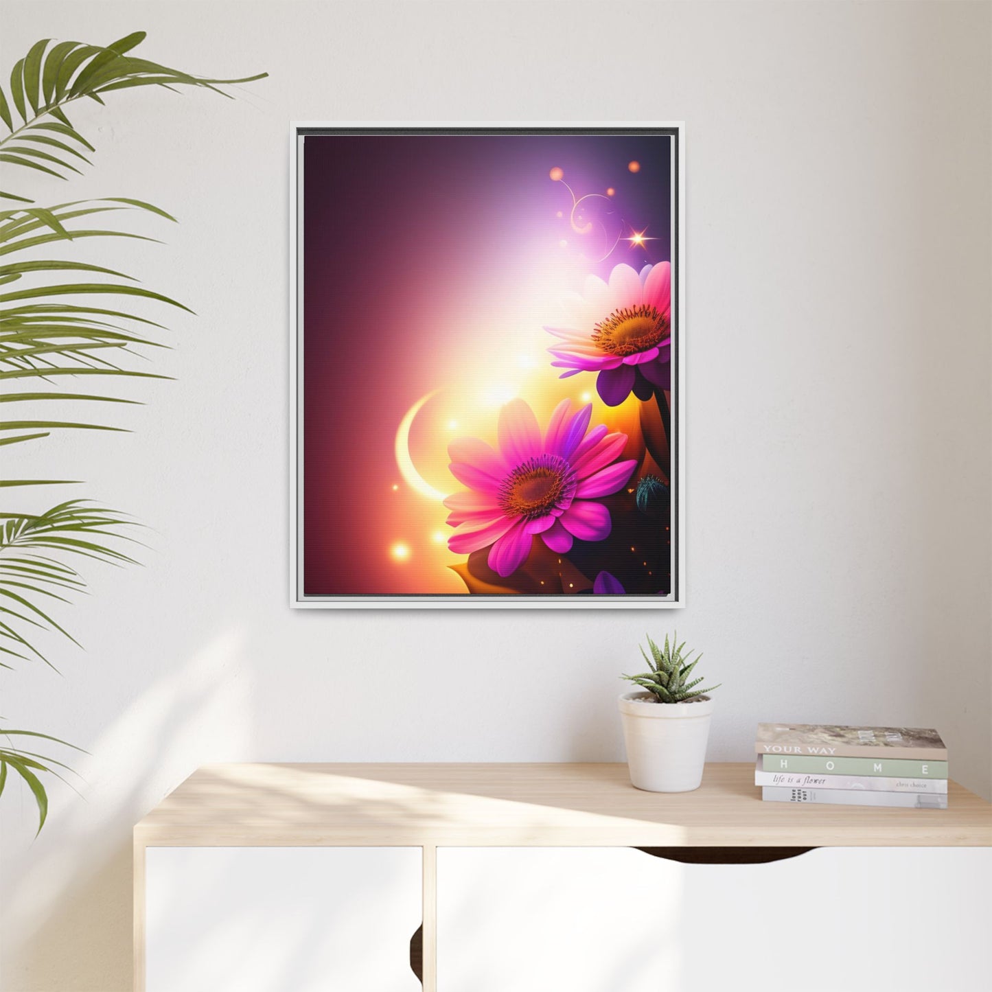 Framed Floral Canvas Art — Pink Daisies Sunset Wall Print