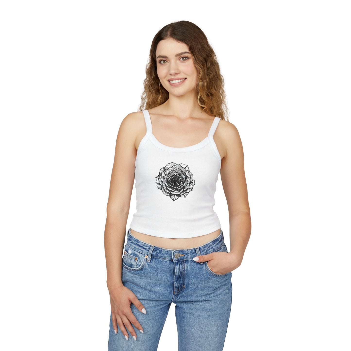 Chic Women's Spaghetti Strap Tank Top with Black Lace Rose Design, Casual Summer Wear, Festival Top, Gift for Her, Layering Essential