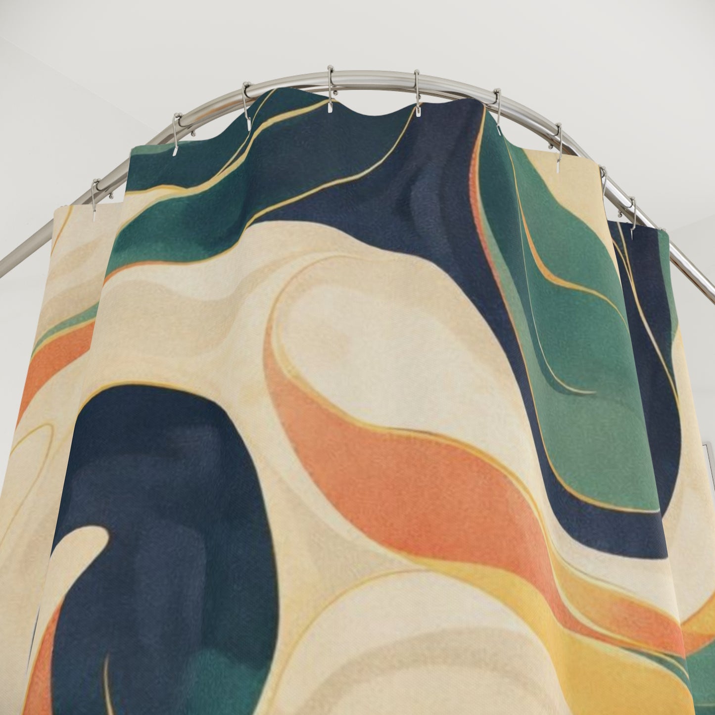 Shower Curtain — Retro Abstract Swirl Bathroom Curtain, Mid-Century Wave Pattern in Teal, Navy & Mustard